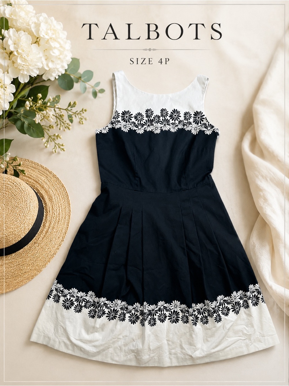 TALBOTS Women’s Petite Daisy Floral A-Line Dress White Black 4P